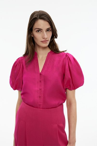 Shirts Hemp Puff Sleeve Blouse Women Witchery Dahlia Pink